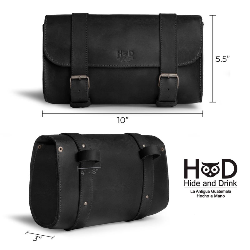 Hide & Drink هايد آند درينك، حقيبة مقود دراجة نارية مع 2 حزام قابل للتعديل، منظم أدوات، حقيبة دراجة نارية، حقيبة سرج لركاب الدراجات، برميل، جلد كامل الحبة، مصنوعة يدويًا، أسود فحمي - Image 4